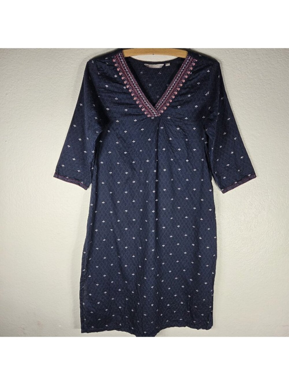Avaasa Kurta Midi Dress Women Navy Blue Embroidered V-Neck 3/4 Sleeve